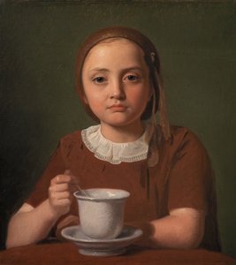 Dansk:  En lille pige, Elise Købke, med en kop foran sig Portrait of a Little Girl, Elise Købke, with a Cup in front of her af Constantin Hansen