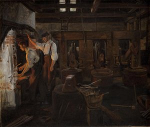 Det indvendige af den gamle hammermølle ved Hellebæk af Constantin Hansen