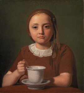 Portræt af en lille pige, Elise Købke, med en kop foran sig, 1850