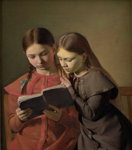 Kunstnerens søstre Signe og Henriette læser en bog, 1826