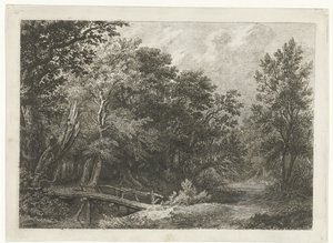 Skovudsigt med træbro af Constantinus Cornelis Huysmans
