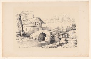 Bro og hus i et bakket landskab The Landscape (serietitel) af Constantinus Cornelis Huysmans