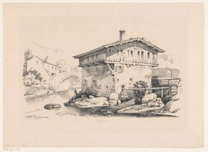 Hus og vandmølle i bjerglandsby The Landscape (serietitel) af Constantinus Cornelis Huysmans