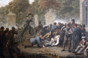 Revolutionær barrikade mod parken i Bruxelles under kampene mellem belgiske oprørere og hollandske styrker i 1830 af Constantinus Fidelio Coene