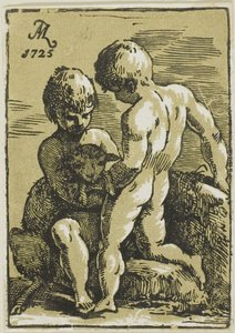To børn klapper et lam af Conte Antonio Maria Zanetti the Elder