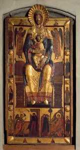 Jomfru på tronen med barnet, to engle, apostlene. Bebudelsen og de hellige kvinder ved graven. Lavrelief polykrom træ af Coppo di Marcovaldo (attr.to)