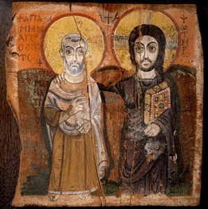 Koptisk kunst: "" Kristus og Abbe Mena"" Saint Menas (Minas, Mina, Mena, Mennas), egyptisk martyr fra det 3. århundrede. Fragment af maling på træ (detempe på figentræ) fra det 6. eller 7. århundrede Mål: 57x57cm. Fra Baouit-stedet i Egypten. - Koptisk kun