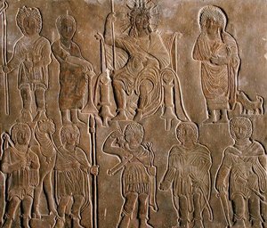Relief, der viser en guddommeliggjort romersk kejser, der modtager hyldest fra egyptiske nomader af Coptic