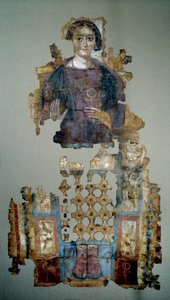 Koptisk kunst: fragment af malet linnedsvøb, der forestiller en ung kvinde kaldet damen et kors ansee. Fra Antinoupolis. 4. århundrede e.Kr. Paris, Louvre-museet