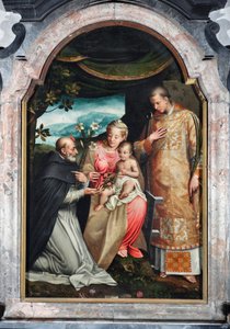 Jomfru og barn mellem Saint Vincent Ferrier (1350-1419) og Saint Vincent af Zaragoza (4. århundrede) (Jomfru med barn med Vincent af Zaragoza og Vincent Ferrer) Maleri af Coriolano Malagavazzo (16. århundrede) 1595 Elatellani-kapellet, basilikaen af Coriolano Malagavazzo