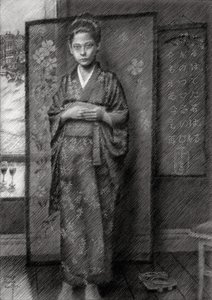 Den eftertænksomme dreng i kimono af Corné Akkers
