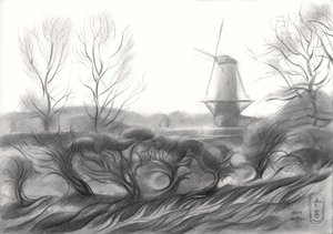 Tegning af en vintervindmølle af Corné Akkers
