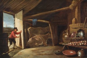 Et staldinteriør med en ko, der kommer ind, og et stilleben med grøntsager og kobberkar (olie på panel) af Cornelis (circle of) Saftleven