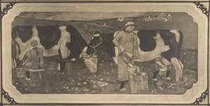 Fotoreproduktion af designtegning med bondekvinder og køer til farvet glasvindue af Richard Roland Holst af Cornelis Albertus Deul