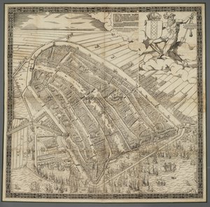 Tysk: Die berühmte Handelsstadt Amsterdam
Hollandsk: De vermaerde koopstadt van Amstelredam af Cornelis Anthonisz.