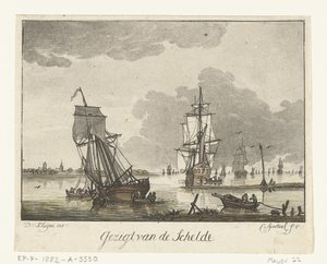 Udsigt over Schelde med sejlskibe Udsigt over Schelde (titel på objekt) af Cornelis Apostool