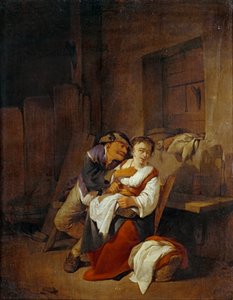 Gammel mand bryder med en ung kvinde i et interiør ... af Cornelis Bega