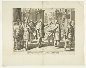 Karel V laat een klooster bouwen, 1555, nr. 8 Scener uit het leven van Karel V (serietitel) Kejser Karl V.s liv i meget smukke dybtryk, indgraveret på design af den berømte A. Tempeste, af to af de dygtigste mestre J. de Gein &