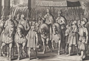 Plade 3: Charles V kronet kejser ind i Rom med paven, fra Charl...s triumfer, 1614. af Cornelis Boel
