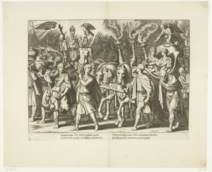 Triomfwagen van Karel V en Ferdinand, na de bevrijding van Wenen van de Turken, ca. 1532, nr. 7 Scener uit het leven van Karel V (serietitel) Kejser Karl V.s liv i meget smukke dybtryk, indgraveret på design af den berømte A. Tempest af Cornelis Boel