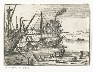Havneudsigt med to sejlskibe og en galjon, to mænd stående på kajen Landskaber og marinesoldater (serietitel) af Cornelis Bol (attributed to)