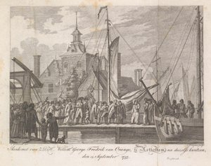 Ankomst af den sårede prins Willem George Frederik til Rotterdam, 1793 Ankomst af Z.D.H. Willem George Fredrik van Oranje, i Rotterdam, efter hans sår, 15. september 1793 (titel på objekt) af Cornelis Brouwer