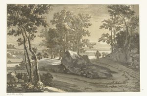 Skovklædt landskab med fører af Cornelis Brouwer