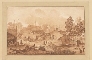 Udsigt til landsbyen med dam af Cornelis Brouwer