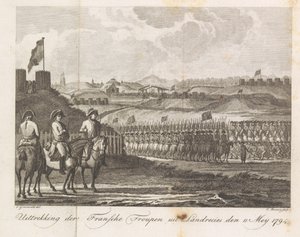 Franske tropper forlader Landrecy, 1794 Udvinding af den franske trup fra Landrecies den 11. maj 1794 (titel på objekt)