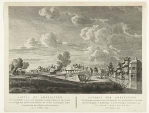 Preussiske tropper angriber Amstelveen, som forsvares af Amsterdams bueskytter den 1. oktober 1787 Angreb på Amstelveen ... den 1. oktober 1787 (titel på objekt) Attaque sur Amstelveen ... le 1er. oktober 1787 (titel på objekt) af Cornelis Brouwer