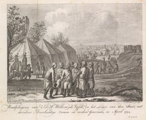 William V med sine sønner i hærlejren, 1794 Høring af Z.D.H. Vilhelm den Femte, i statens hær, med hans fredfyldte sønner og andre generaler, i april 1794 (titel på objekt)