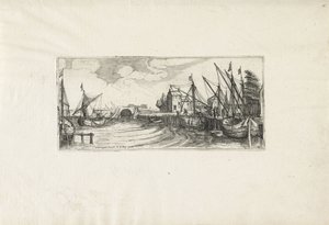 Udsigt over en havn med sluse Landskaber (serietitel) af Cornelis Claesz van Wieringen (possibly)