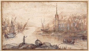 En havnescene med skibsfart og en kirke ved solnedgang (pen & brunt blæk med brun vask på papir)