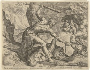Hercules trækker Cerberus ud af helvede Labours of Hercules (serietitel) af Cornelis Cort