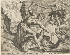 Herkules trækker Cerberus ud af helvede Labours of Hercules (serietitel) af Cornelis Cort