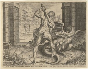 Herkules stjæler Hesperidernes gyldne æbler Labours of Hercules (serietitel) af Cornelis Cort
