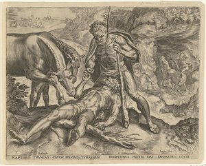 Hercules fodrer Diomedes til sine heste Labours of Hercules (serietitel) af Cornelis Cort