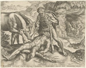 Hercules fodrer Diomedes til sine heste Labours of Hercules (serietitel) af Cornelis Cort