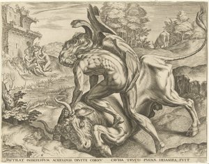 Hercules kæmper med Acheloüs Works of Hercules (serietitel) af Cornelis Cort