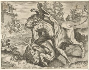 Hercules kæmper med Achelous Labours of Hercules (serietitel) af Cornelis Cort