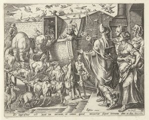 Noa gik ombord i arken med sin familie og dyrene History of Noah (serietitel) af Cornelis Cort
