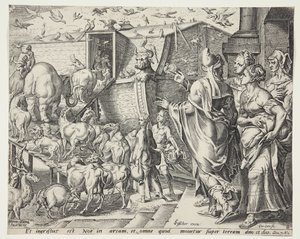 Noah, hans familie og dyrene, der går ombord på arken