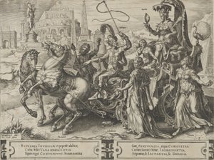Stolthedens triumf, fra The Cycle of the Vicissitudes of Human Affairs, plade 3, 1564. af Cornelis Cort