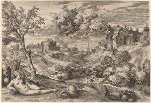 Landskab med Roger Liberating Angelica af Cornelis Cort after Titian
