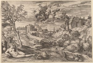 Landskab med Roger Liberating Angelica af Cornelis Cort after Titian