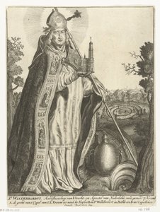 Sankt Willibrord som ærkebiskop med kirkemodel af Dom i Utrecht St. Willebrord (titel på objekt) af Cornelis Danckerts (I)
