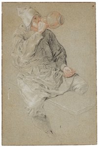 En siddende mand drikker af en lerkrukke og holder en pibe (kridt på papir) af Cornelis Dusart