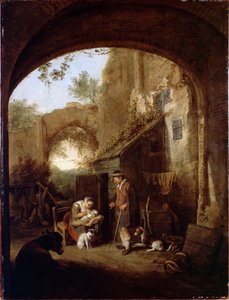 Figurer i gården til en gammel bygning af Cornelis Dusart