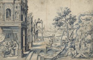 Jakob modtager Isaks velsignelse; Jakobs stige af Cornelis Floris (II)