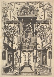 Fantastisk arkitekturstruktur med stropper og to pergolaer og en lille scene med Vu..., 1557.